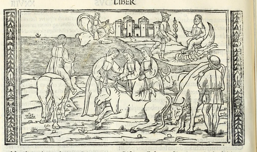 An illustration from P. Ouidii Metamorphosis : cum luculentissimis Raphaelis Regij enarrationibus : quibus cũ alia q̃da[m] ascripta sunt : q̃ in exemplarib[us] antea impressis nom inueniuntur : tum eorum apologia : q̃ fuerant a quibusdam reprehensa, 1517, leaf 74