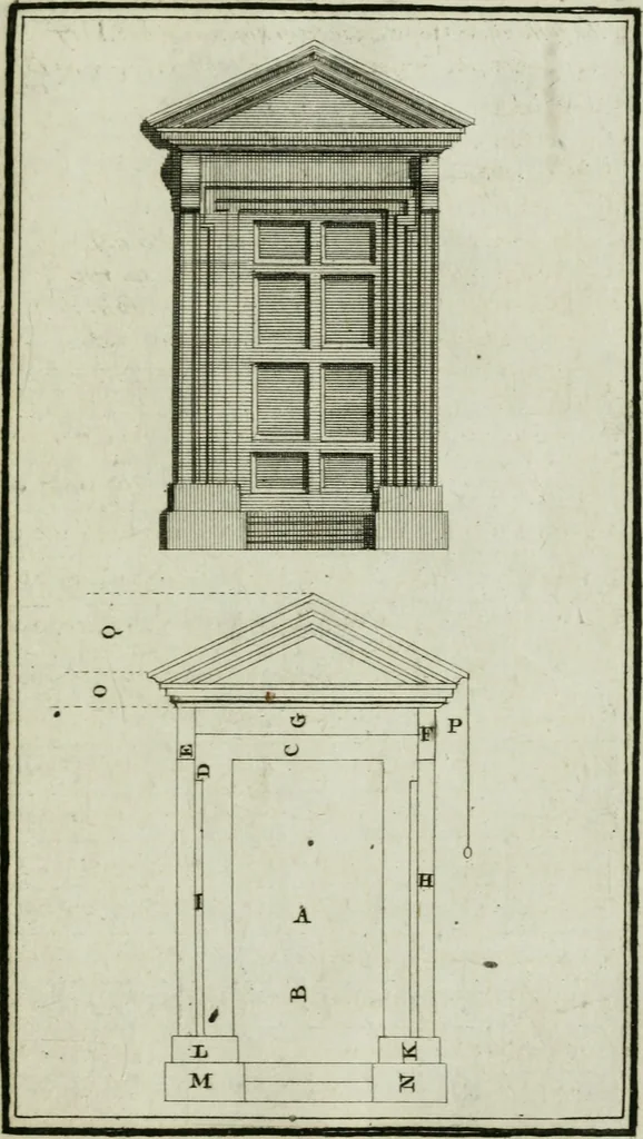 An illustration from Practical architecture, or, A sure guide to the true working according to the rules of that science : representing the five orders, with their several doors & windows, taken from Inigo Jones & other celebrated architects : to each plate tables containing the exact proportions of the several parts are likewise fitted : very usefull to all true lovers of architecture but particularly so to those who are engaged in ye noble art of building, 1724, leaf 56