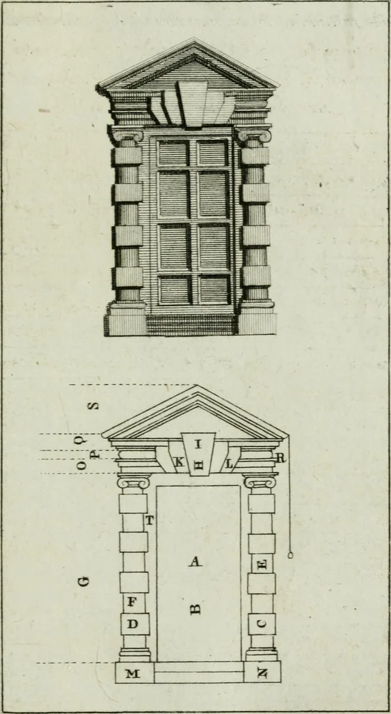 An illustration from Practical architecture, or, A sure guide to the true working according to the rules of that science : representing the five orders, with their several doors & windows, taken from Inigo Jones & other celebrated architects : to each plate tables containing the exact proportions of the several parts are likewise fitted : very usefull to all true lovers of architecture but particularly so to those who are engaged in ye noble art of building, 1724, leaf 72