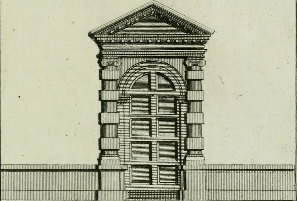 An illustration from Practical architecture, or, A sure guide to the true working according to the rules of that science : representing the five orders, with their several doors & windows, taken from Inigo Jones & other celebrated architects : to each plate tables containing the exact proportions of the several parts are likewise fitted : very usefull to all true lovers of architecture but particularly so to those who are engaged in ye noble art of building, 1724, leaf 76