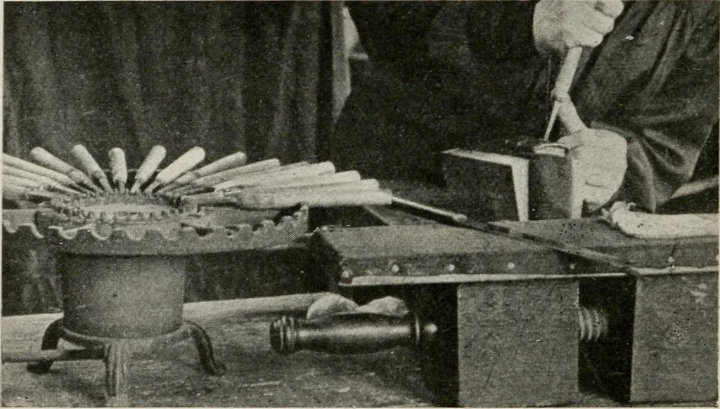 An illustration from Practical bookbinding : a text-book intended for those who take up the art of bookbinding, and designed to give sufficient help to enable handy persons to bind their books and periodicals, 1908, leaf 119