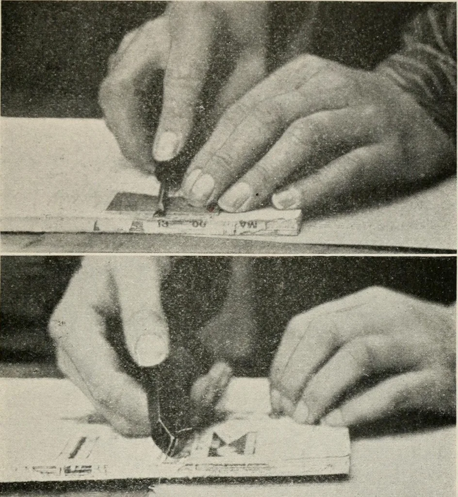 An illustration from Practical bookbinding : a text-book intended for those who take up the art of bookbinding, and designed to give sufficient help to enable handy persons to bind their books and periodicals, 1908, leaf 18