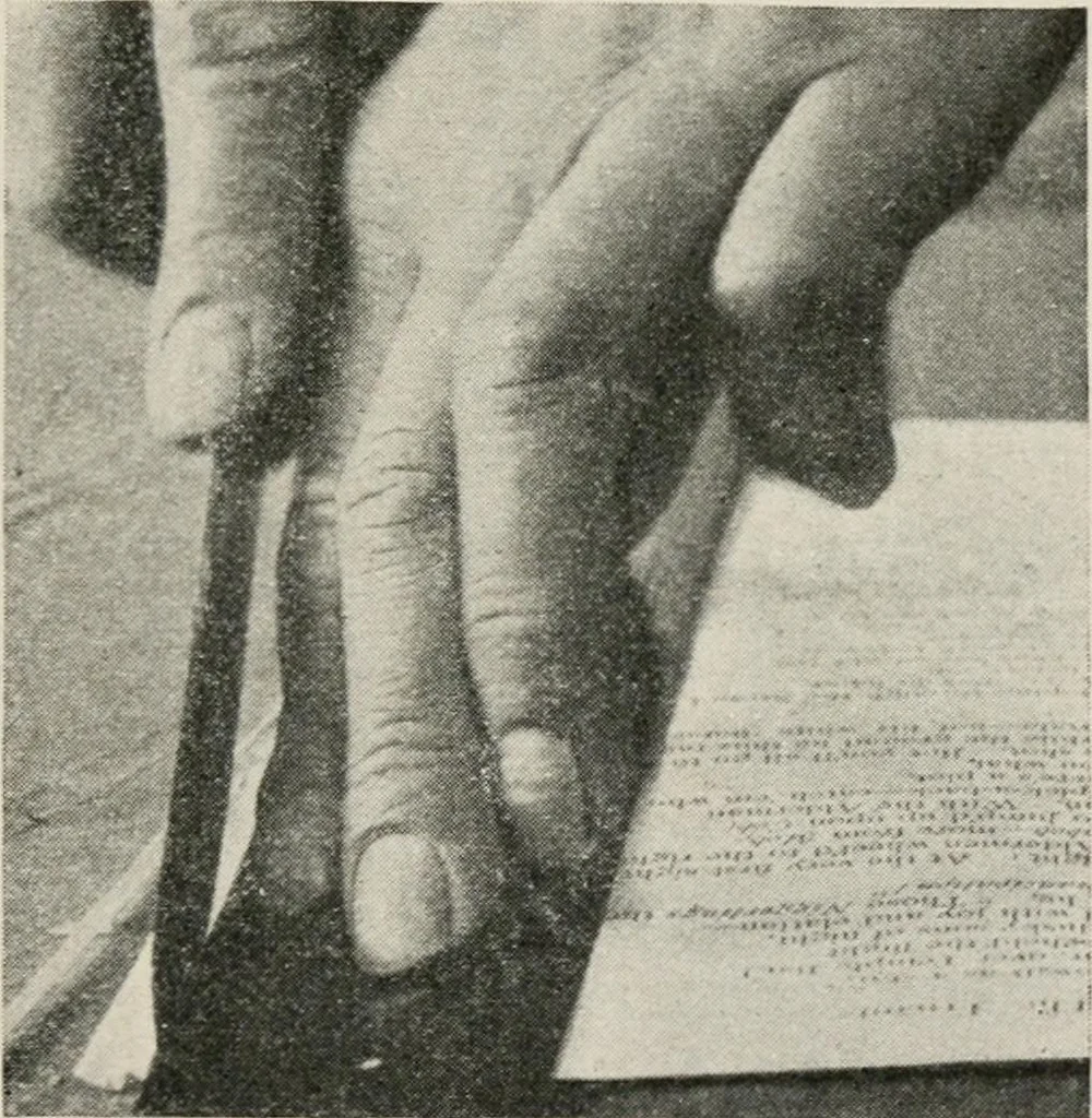 An illustration from Practical bookbinding : a text-book intended for those who take up the art of bookbinding, and designed to give sufficient help to enable handy persons to bind their books and periodicals, 1908, leaf 38