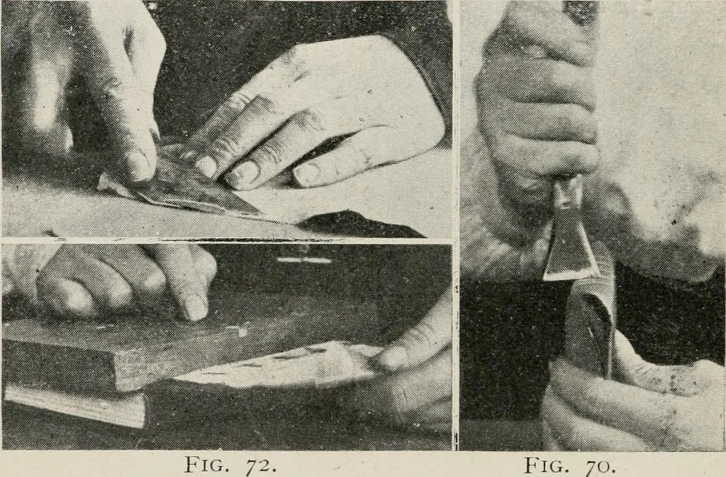 An illustration from Practical bookbinding : a text-book intended for those who take up the art of bookbinding, and designed to give sufficient help to enable handy persons to bind their books and periodicals, 1908, leaf 97