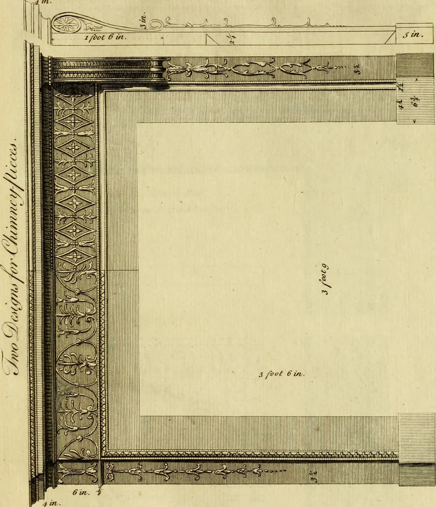 An illustration from Practical builder, or, Workman's general assistant, shewing the most approved and easy methods for drawing and working the whole or separate part of any building ... rules of carpentry ... the proportion of the five orders ... with plans and elevations of gentlemens and farm-houses, yards, barns,, 1774, leaf 102