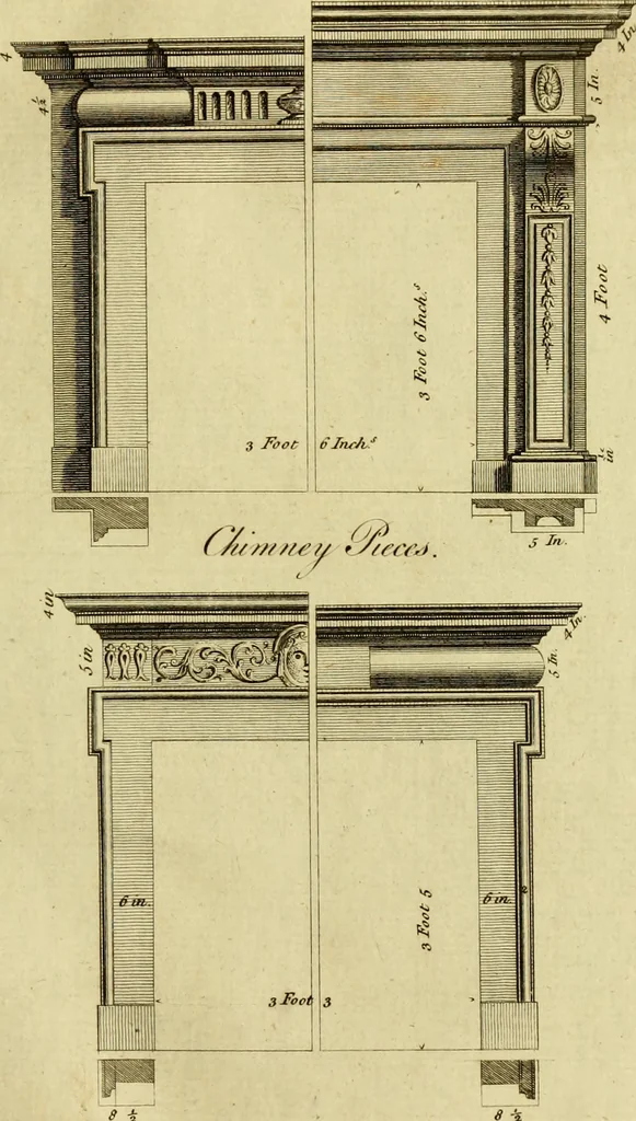 An illustration from Practical builder, or, Workman's general assistant, shewing the most approved and easy methods for drawing and working the whole or separate part of any building ... rules of carpentry ... the proportion of the five orders ... with plans and elevations of gentlemens and farm-houses, yards, barns,, 1774, leaf 108