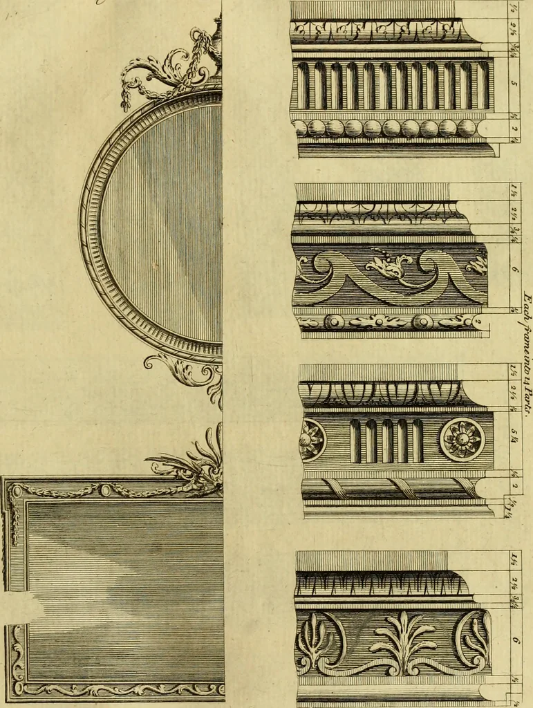 An illustration from Practical builder, or, Workman's general assistant, shewing the most approved and easy methods for drawing and working the whole or separate part of any building ... rules of carpentry ... the proportion of the five orders ... with plans and elevations of gentlemens and farm-houses, yards, barns,, 1774, leaf 114