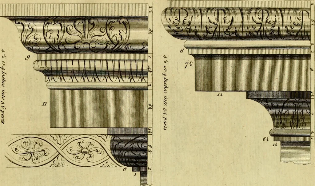 An illustration from Practical builder, or, Workman's general assistant, shewing the most approved and easy methods for drawing and working the whole or separate part of any building ... rules of carpentry ... the proportion of the five orders ... with plans and elevations of gentlemens and farm-houses, yards, barns,, 1774, leaf 118