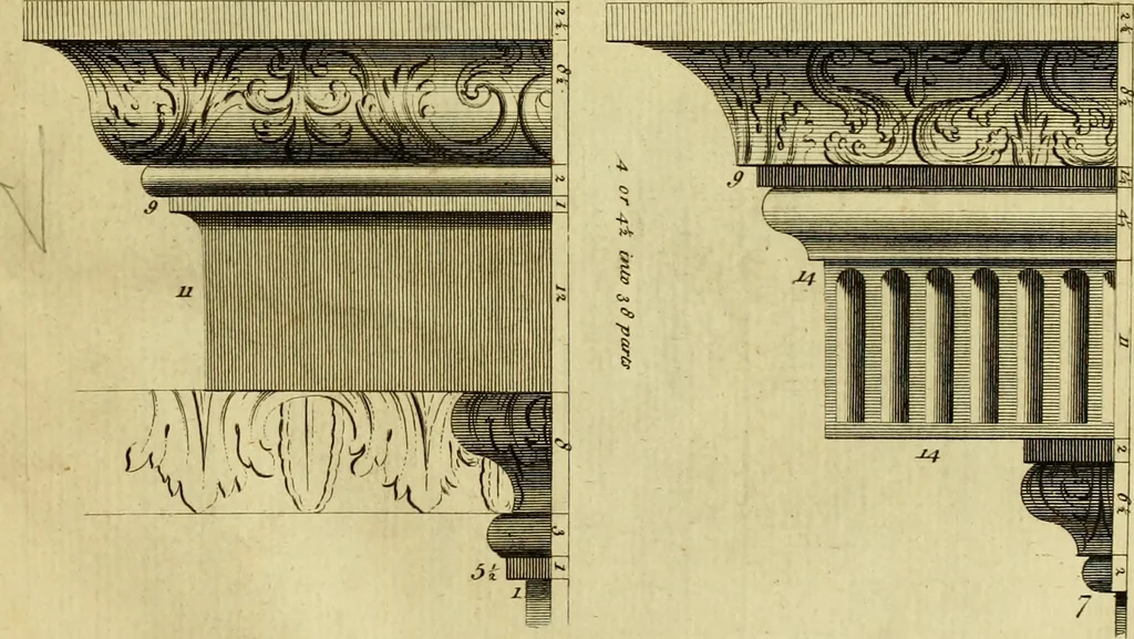 An illustration from Practical builder, or, Workman's general assistant, shewing the most approved and easy methods for drawing and working the whole or separate part of any building ... rules of carpentry ... the proportion of the five orders ... with plans and elevations of gentlemens and farm-houses, yards, barns,, 1774, leaf 118