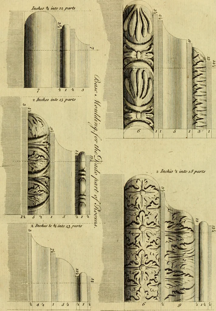 An illustration from Practical builder, or, Workman's general assistant, shewing the most approved and easy methods for drawing and working the whole or separate part of any building ... rules of carpentry ... the proportion of the five orders ... with plans and elevations of gentlemens and farm-houses, yards, barns,, 1774, leaf 120