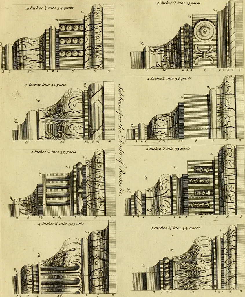 An illustration from Practical builder, or, Workman's general assistant, shewing the most approved and easy methods for drawing and working the whole or separate part of any building ... rules of carpentry ... the proportion of the five orders ... with plans and elevations of gentlemens and farm-houses, yards, barns,, 1774, leaf 122