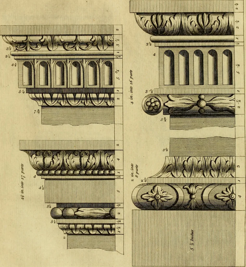 An illustration from Practical builder, or, Workman's general assistant, shewing the most approved and easy methods for drawing and working the whole or separate part of any building ... rules of carpentry ... the proportion of the five orders ... with plans and elevations of gentlemens and farm-houses, yards, barns,, 1774, leaf 124