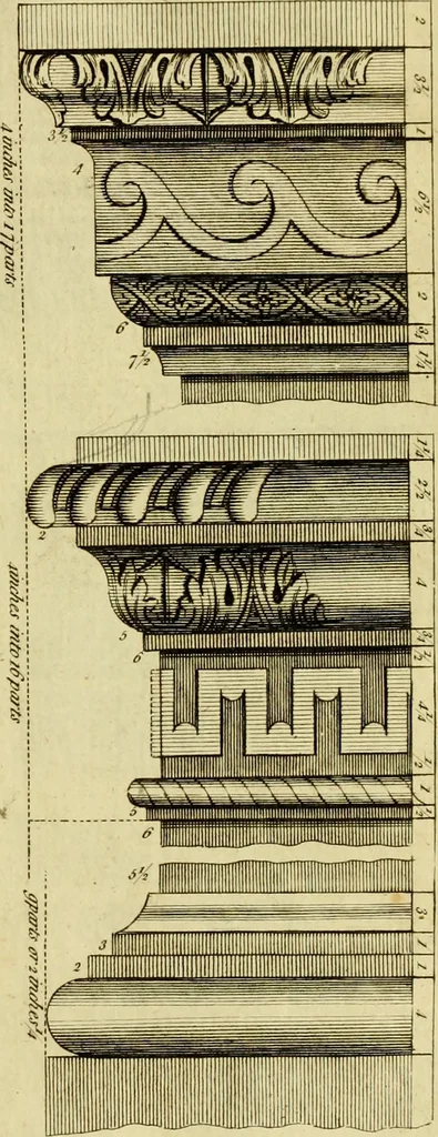 An illustration from Practical builder, or, Workman's general assistant, shewing the most approved and easy methods for drawing and working the whole or separate part of any building ... rules of carpentry ... the proportion of the five orders ... with plans and elevations of gentlemens and farm-houses, yards, barns,, 1774, leaf 126