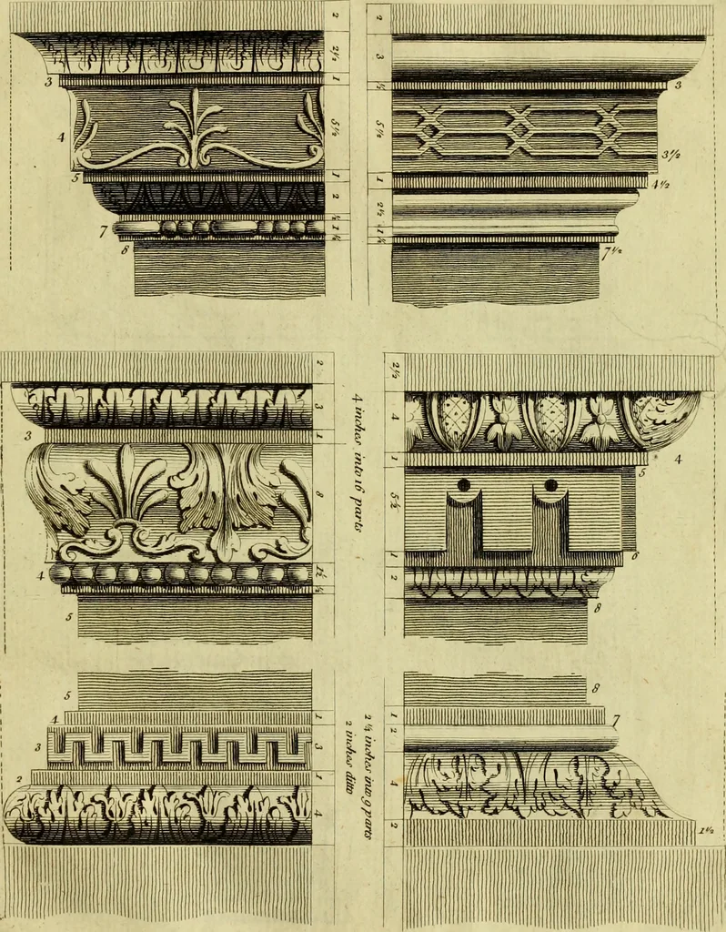 An illustration from Practical builder, or, Workman's general assistant, shewing the most approved and easy methods for drawing and working the whole or separate part of any building ... rules of carpentry ... the proportion of the five orders ... with plans and elevations of gentlemens and farm-houses, yards, barns,, 1774, leaf 128