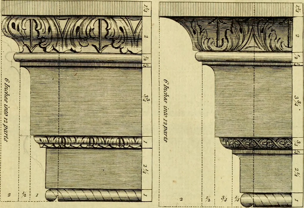 An illustration from Practical builder, or, Workman's general assistant, shewing the most approved and easy methods for drawing and working the whole or separate part of any building ... rules of carpentry ... the proportion of the five orders ... with plans and elevations of gentlemens and farm-houses, yards, barns,, 1774, leaf 130