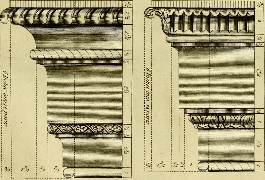 An illustration from Practical builder, or, Workman's general assistant, shewing the most approved and easy methods for drawing and working the whole or separate part of any building ... rules of carpentry ... the proportion of the five orders ... with plans and elevations of gentlemens and farm-houses, yards, barns,, 1774, leaf 130