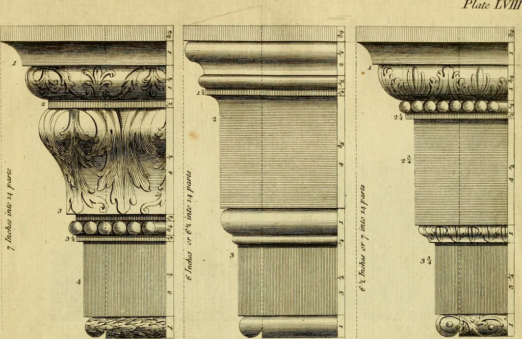 An illustration from Practical builder, or, Workman's general assistant, shewing the most approved and easy methods for drawing and working the whole or separate part of any building ... rules of carpentry ... the proportion of the five orders ... with plans and elevations of gentlemens and farm-houses, yards, barns,, 1774, leaf 132