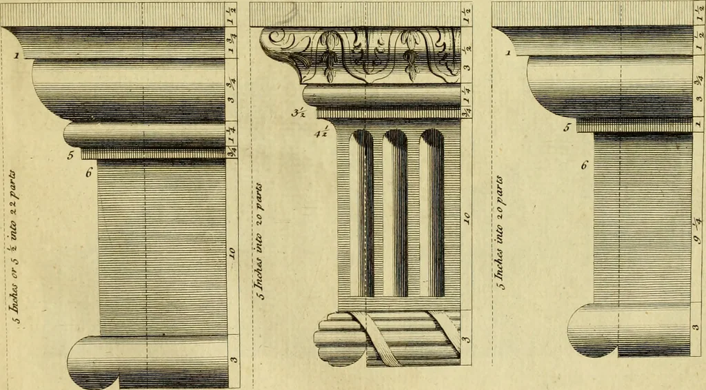 An illustration from Practical builder, or, Workman's general assistant, shewing the most approved and easy methods for drawing and working the whole or separate part of any building ... rules of carpentry ... the proportion of the five orders ... with plans and elevations of gentlemens and farm-houses, yards, barns,, 1774, leaf 132