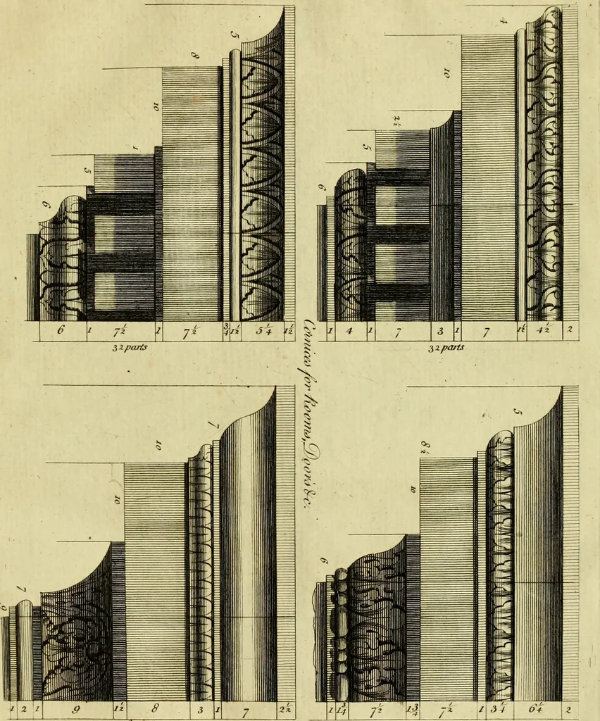 An illustration from Practical builder, or, Workman's general assistant, shewing the most approved and easy methods for drawing and working the whole or separate part of any building ... rules of carpentry ... the proportion of the five orders ... with plans and elevations of gentlemens and farm-houses, yards, barns,, 1774, leaf 134