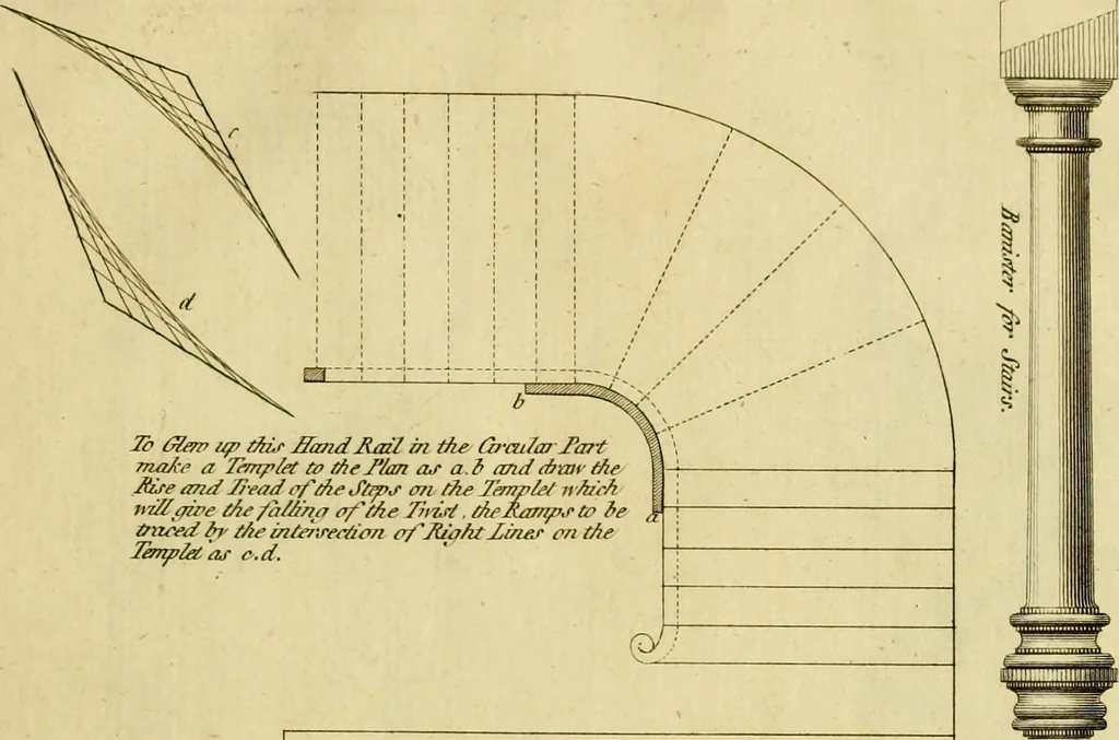 An illustration from Practical builder, or, Workman's general assistant, shewing the most approved and easy methods for drawing and working the whole or separate part of any building ... rules of carpentry ... the proportion of the five orders ... with plans and elevations of gentlemens and farm-houses, yards, barns,, 1774, leaf 164