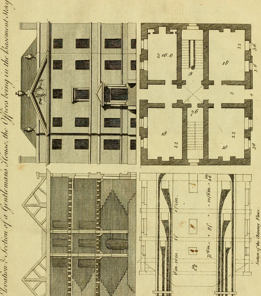An illustration from Practical builder, or, Workman's general assistant, shewing the most approved and easy methods for drawing and working the whole or separate part of any building ... rules of carpentry ... the proportion of the five orders ... with plans and elevations of gentlemens and farm-houses, yards, barns,, 1774, leaf 168