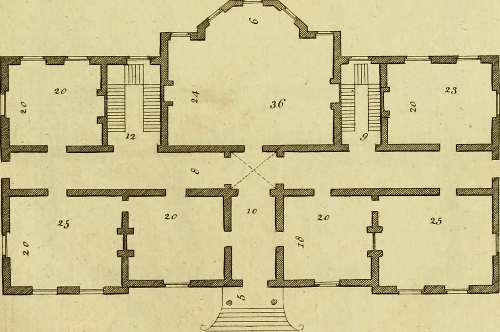 An illustration from Practical builder, or, Workman's general assistant, shewing the most approved and easy methods for drawing and working the whole or separate part of any building ... rules of carpentry ... the proportion of the five orders ... with plans and elevations of gentlemens and farm-houses, yards, barns,, 1774, leaf 170