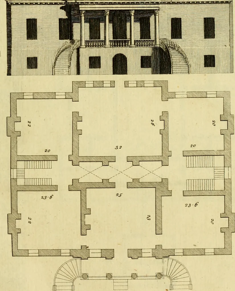 An illustration from Practical builder, or, Workman's general assistant, shewing the most approved and easy methods for drawing and working the whole or separate part of any building ... rules of carpentry ... the proportion of the five orders ... with plans and elevations of gentlemens and farm-houses, yards, barns,, 1774, leaf 172