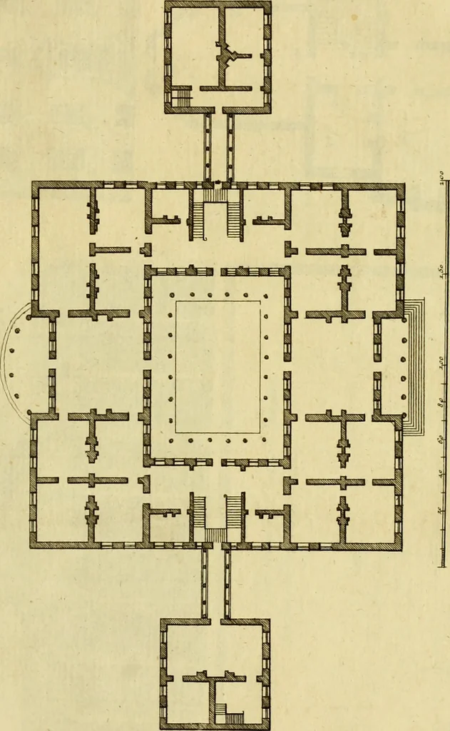 An illustration from Practical builder, or, Workman's general assistant, shewing the most approved and easy methods for drawing and working the whole or separate part of any building ... rules of carpentry ... the proportion of the five orders ... with plans and elevations of gentlemens and farm-houses, yards, barns,, 1774, leaf 174
