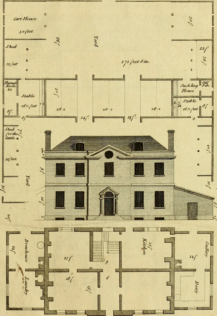 An illustration from Practical builder, or, Workman's general assistant, shewing the most approved and easy methods for drawing and working the whole or separate part of any building ... rules of carpentry ... the proportion of the five orders ... with plans and elevations of gentlemens and farm-houses, yards, barns,, 1774, leaf 182