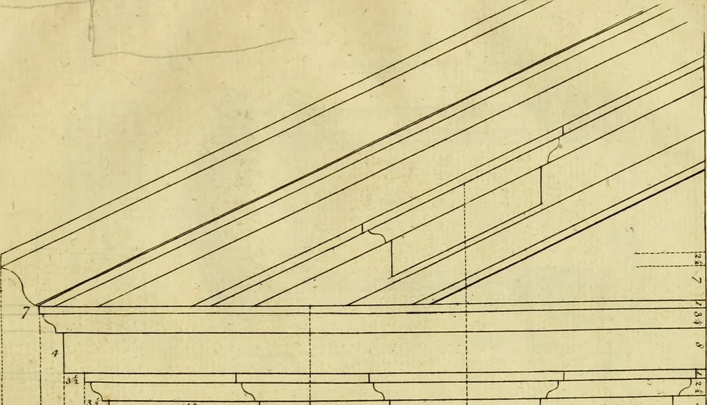 An illustration from Practical builder, or, Workman's general assistant, shewing the most approved and easy methods for drawing and working the whole or separate part of any building ... rules of carpentry ... the proportion of the five orders ... with plans and elevations of gentlemens and farm-houses, yards, barns,, 1774, leaf 46