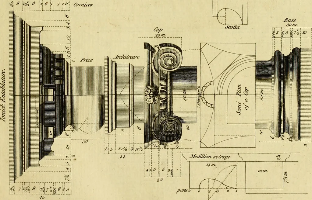 An illustration from Practical builder, or, Workman's general assistant, shewing the most approved and easy methods for drawing and working the whole or separate part of any building ... rules of carpentry ... the proportion of the five orders ... with plans and elevations of gentlemens and farm-houses, yards, barns,, 1774, leaf 48