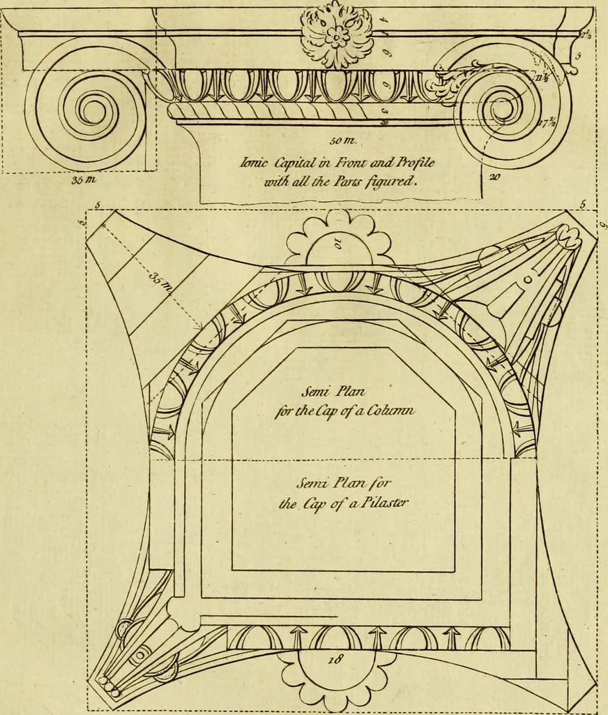An illustration from Practical builder, or, Workman's general assistant, shewing the most approved and easy methods for drawing and working the whole or separate part of any building ... rules of carpentry ... the proportion of the five orders ... with plans and elevations of gentlemens and farm-houses, yards, barns,, 1774, leaf 54
