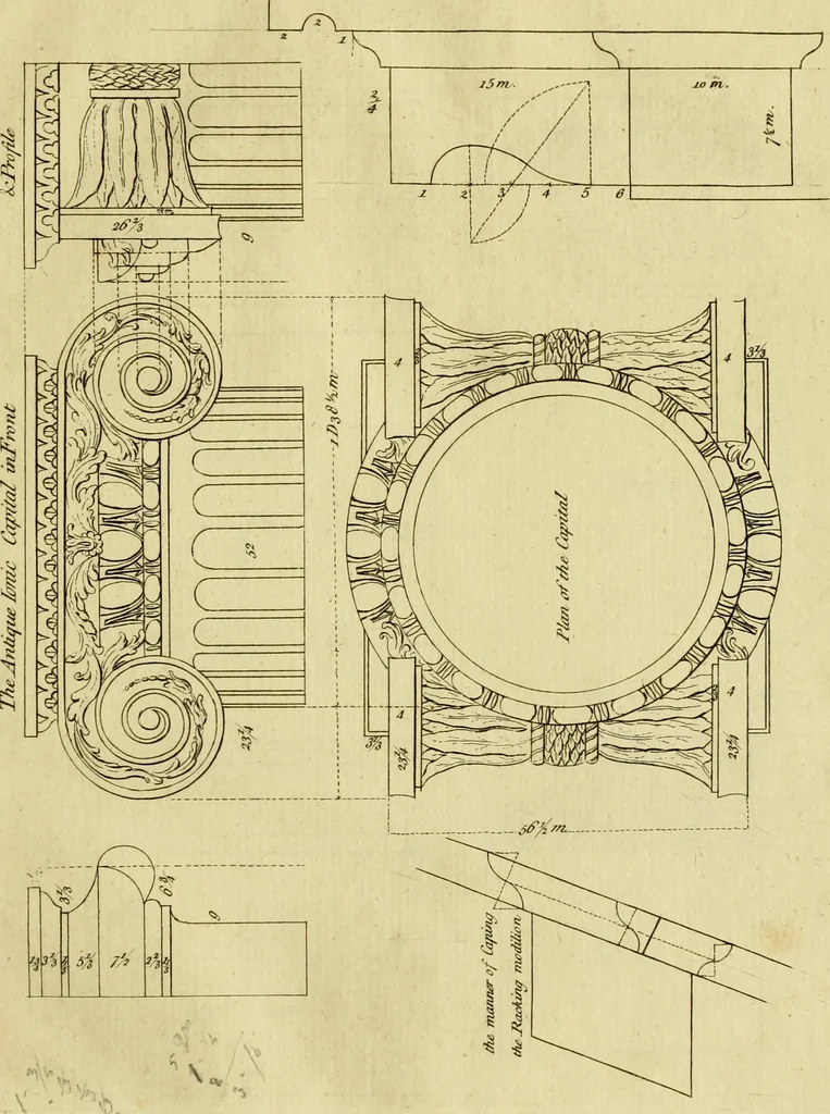 An illustration from Practical builder, or, Workman's general assistant, shewing the most approved and easy methods for drawing and working the whole or separate part of any building ... rules of carpentry ... the proportion of the five orders ... with plans and elevations of gentlemens and farm-houses, yards, barns,, 1774, leaf 56