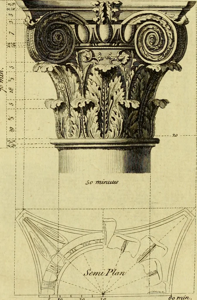 An illustration from Practical builder, or, Workman's general assistant, shewing the most approved and easy methods for drawing and working the whole or separate part of any building ... rules of carpentry ... the proportion of the five orders ... with plans and elevations of gentlemens and farm-houses, yards, barns,, 1774, leaf 64