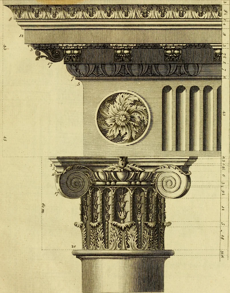 An illustration from Practical builder, or, Workman's general assistant, shewing the most approved and easy methods for drawing and working the whole or separate part of any building ... rules of carpentry ... the proportion of the five orders ... with plans and elevations of gentlemens and farm-houses, yards, barns,, 1774, leaf 66