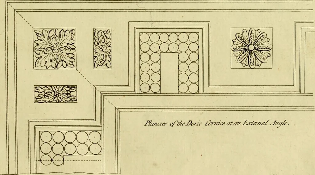 An illustration from Practical builder, or, Workman's general assistant, shewing the most approved and easy methods for drawing and working the whole or separate part of any building ... rules of carpentry ... the proportion of the five orders ... with plans and elevations of gentlemens and farm-houses, yards, barns,, 1774, leaf 68