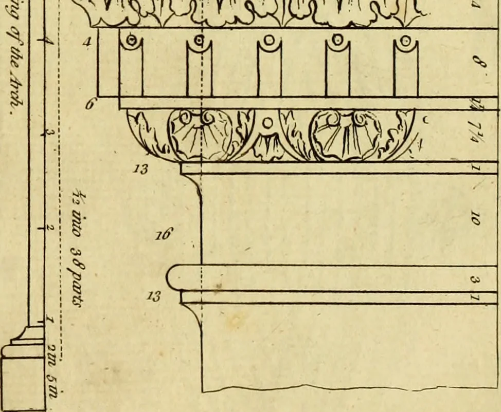 An illustration from Practical builder, or, Workman's general assistant, shewing the most approved and easy methods for drawing and working the whole or separate part of any building ... rules of carpentry ... the proportion of the five orders ... with plans and elevations of gentlemens and farm-houses, yards, barns,, 1774, leaf 72