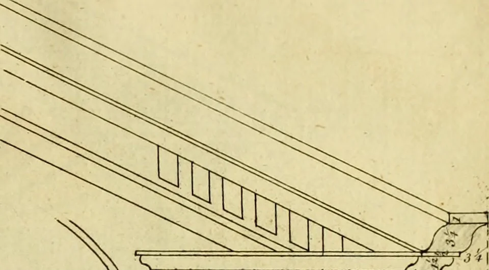 An illustration from Practical builder, or, Workman's general assistant, shewing the most approved and easy methods for drawing and working the whole or separate part of any building ... rules of carpentry ... the proportion of the five orders ... with plans and elevations of gentlemens and farm-houses, yards, barns,, 1774, leaf 76