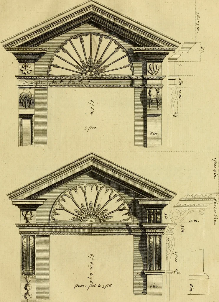 An illustration from Practical builder, or, Workman's general assistant, shewing the most approved and easy methods for drawing and working the whole or separate part of any building ... rules of carpentry ... the proportion of the five orders ... with plans and elevations of gentlemens and farm-houses, yards, barns,, 1774, leaf 78