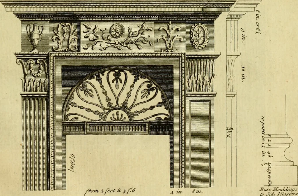 An illustration from Practical builder, or, Workman's general assistant, shewing the most approved and easy methods for drawing and working the whole or separate part of any building ... rules of carpentry ... the proportion of the five orders ... with plans and elevations of gentlemens and farm-houses, yards, barns,, 1774, leaf 80