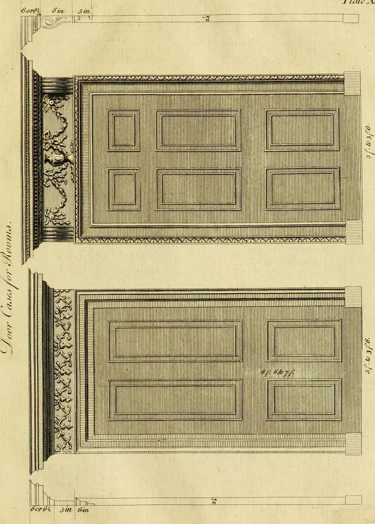 An illustration from Practical builder, or, Workman's general assistant, shewing the most approved and easy methods for drawing and working the whole or separate part of any building ... rules of carpentry ... the proportion of the five orders ... with plans and elevations of gentlemens and farm-houses, yards, barns,, 1774, leaf 82