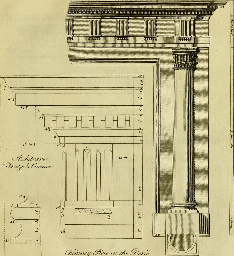 An illustration from Practical builder, or, Workman's general assistant, shewing the most approved and easy methods for drawing and working the whole or separate part of any building ... rules of carpentry ... the proportion of the five orders ... with plans and elevations of gentlemens and farm-houses, yards, barns,, 1774, leaf 90