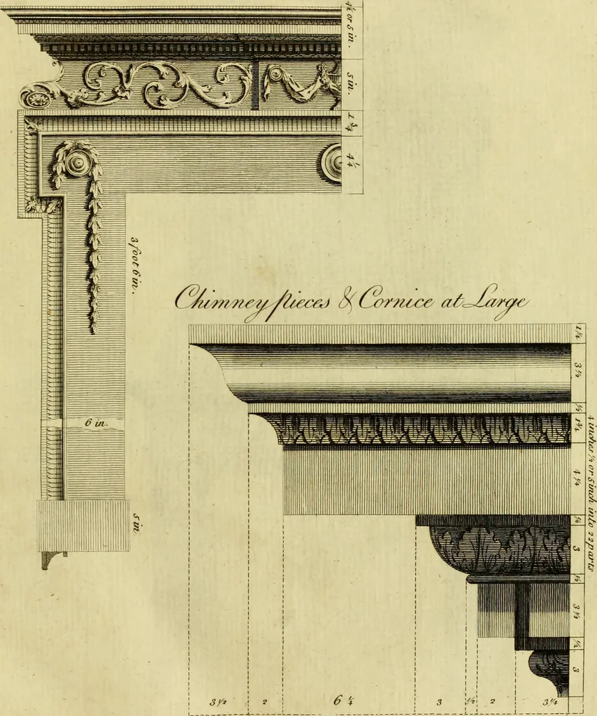 An illustration from Practical builder, or, Workman's general assistant, shewing the most approved and easy methods for drawing and working the whole or separate part of any building ... rules of carpentry ... the proportion of the five orders ... with plans and elevations of gentlemens and farm-houses, yards, barns,, 1774, leaf 92