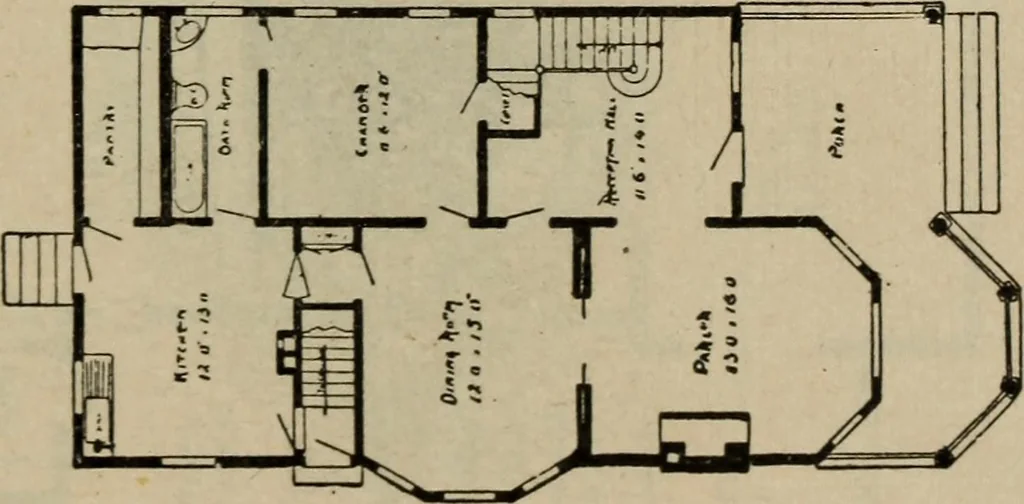 An illustration from Practical bungalows and cottages for town and country, perspective views and floor plans for three hundred low and medium priced houses and bungalows .., 1916, leaf 100