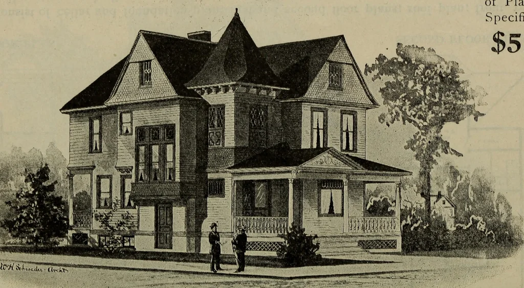 An illustration from Practical bungalows and cottages for town and country, perspective views and floor plans for three hundred low and medium priced houses and bungalows .., 1916, leaf 101