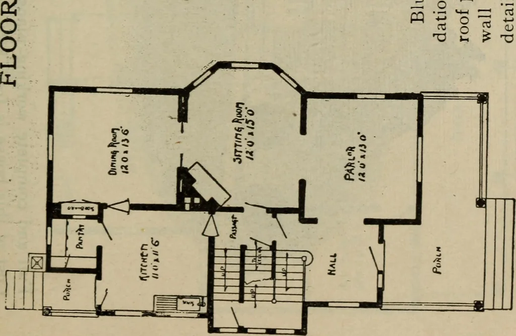 An illustration from Practical bungalows and cottages for town and country, perspective views and floor plans for three hundred low and medium priced houses and bungalows .., 1916, leaf 102