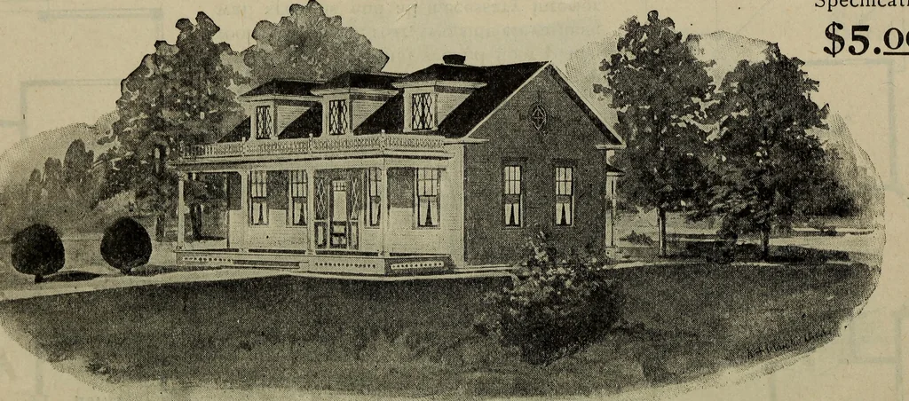 An illustration from Practical bungalows and cottages for town and country, perspective views and floor plans for three hundred low and medium priced houses and bungalows .., 1916, leaf 103