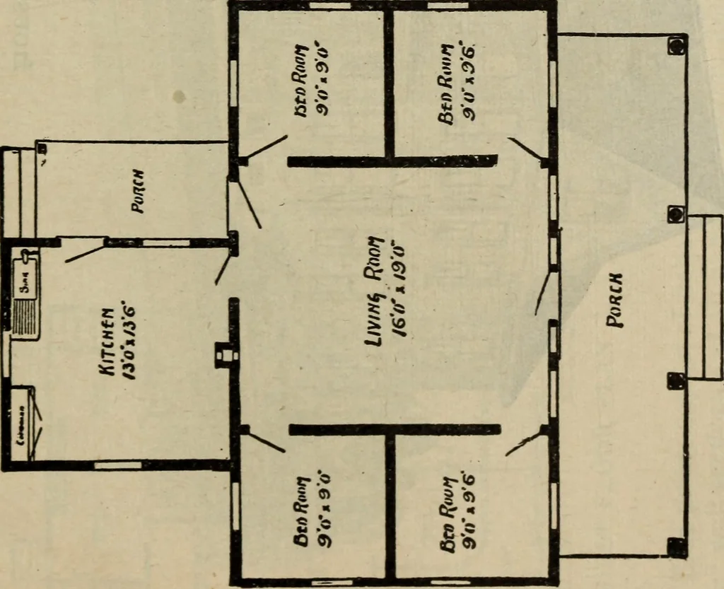 An illustration from Practical bungalows and cottages for town and country, perspective views and floor plans for three hundred low and medium priced houses and bungalows .., 1916, leaf 104