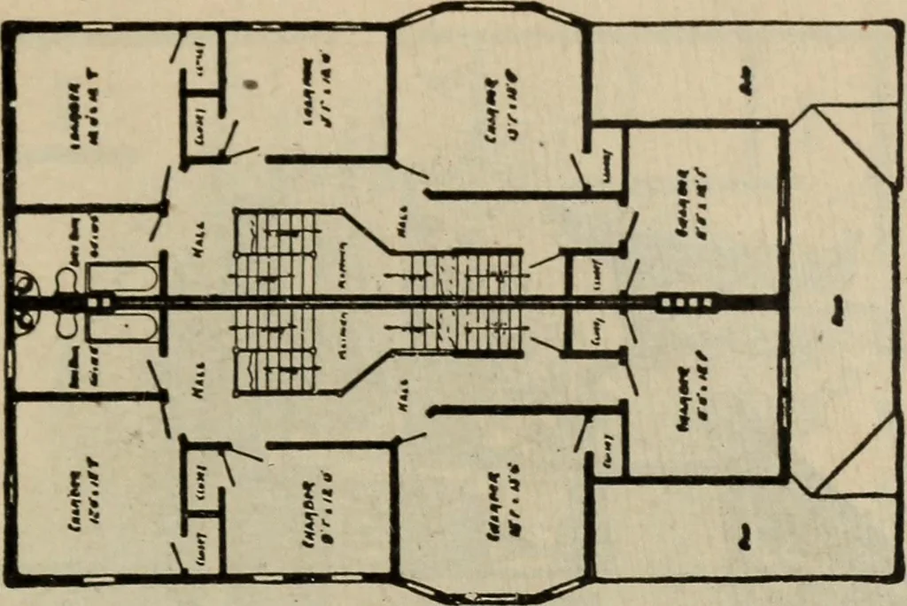 An illustration from Practical bungalows and cottages for town and country, perspective views and floor plans for three hundred low and medium priced houses and bungalows .., 1916, leaf 106