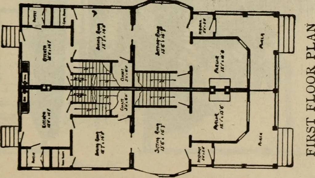 An illustration from Practical bungalows and cottages for town and country, perspective views and floor plans for three hundred low and medium priced houses and bungalows .., 1916, leaf 106